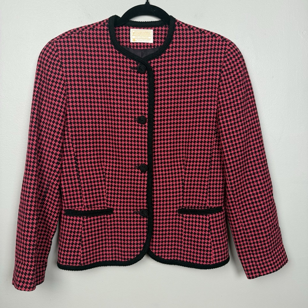 Vtg Pendleton Wool Blazer Pink Black Houndstooth Jacket USA Made Virgin Wool 10